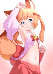 Rule 34 | 1girl, animal ear fluff, animal ears, arm up, armpits, bare shoulders, bell, blonde hair, blue eyes, blush, bow, collarbone, commentary request, detached sleeves, fingernails, fox ears, fox girl, fox tail, groin, hair bell, hair ornament, hair ribbon, highres, jewelry, kagarimachi konatsu, kemomimi oukoku kokuei housou, long hair, long sleeves, mikoko (kemomimi oukoku kokuei housou), nail polish, navel, parted lips, pink nails, pleated skirt, red bow, red ribbon, red skirt, ribbon, skirt, solo, tail, twintails, virtual youtuber, wide sleeves