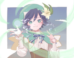 Rule 34 | 1boy, androgynous, beret, black hair, blue hair, bow, braid, brooch, cape, collared cape, corset, flower, frilled sleeves, frills, gem, genshin impact, gradient hair, green eyes, green hat, hat, hat flower, highres, jewelry, kirishima deko, leaf, long sleeves, looking at viewer, male focus, multicolored hair, open mouth, pointing, shirt, short hair with long locks, smile, solo, twin braids, venti (genshin impact), white flower, white shirt