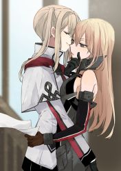 Rule 34 | 10s, 2girls, anchor symbol, bad id, bad twitter id, bare shoulders, bismarck (kancolle), black gloves, blonde hair, breasts, brown gloves, capelet, celtic knot, detached sleeves, closed eyes, gloves, grabbing another&#039;s chin, graf zeppelin (kancolle), hair between eyes, hand on another&#039;s chin, hat, unworn hat, unworn headwear, highres, hita (hitapita), kantai collection, long hair, long sleeves, military, military uniform, multiple girls, paper, pleated skirt, sideboob, sidelocks, skirt, sleeveless, smile, straight hair, twintails, uniform, window, yuri