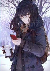 Rule 34 | 1girl, backpack, bag, bare tree, black eyes, blush, brown gloves, cellphone, coat, cup, duffel coat, freckles, glasses, gloves, highres, kaoming, long hair, looking at viewer, original, outdoors, phone, scarf, smartphone, solo, solo focus, starbucks, sweater, tree, winter clothes, winter coat