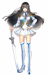 Rule 34 | 10s, 1girl, bad id, bad pixiv id, black hair, blue eyes, boots, epaulettes, full body, hand on own hip, highres, junketsu, katsu ryouji, kill la kill, kiryuuin satsuki, long hair, parted lips, planted, planted sword, planted weapon, skirt, solo, standing, sword, thigh boots, thighhighs, weapon, white background, white skirt, white thighhighs