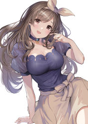 Rule 34 | 1girl, arm support, beige bow, beige skirt, blouse, blue choker, blue shirt, blush, bow, bow hairband, breasts, brown eyes, brown hair, brown hairband, choker, cleavage, commentary, cowboy shot, finger to cheek, floating hair, hair bow, hairband, hand up, head tilt, highres, idolmaster, idolmaster shiny colors, juliet sleeves, koruse, large breasts, long hair, long sleeves, open mouth, puffy sleeves, see-through, see-through sleeves, shirt, shirt tucked in, short sleeves, simple background, sitting, skirt, smile, solo, square neckline, tsukioka kogane, white background