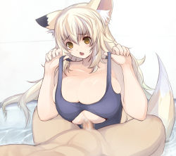 Rule 34 | 1boy, 1girl, animal ears, blonde hair, breasts, censored, fox ears, fox tail, fuyu, handsfree paizuri, hetero, huge breasts, long hair, one-piece swimsuit, open mouth, original, paizuri, paizuri under clothes, penis, penis under another&#039;s clothes, plump, swimsuit, tail, tub, upper body, water, yellow eyes