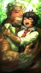 Rule 34 | 1boy, 1girl, animal ears, bare shoulders, black hair, blush, body fur, breasts, butler, carrying, character request, chest hair, dog boy, dog ears, facial hair, fuyodo, giant, giant male, goatee, gomeisa (live a hero), green eyes, grey hair, highres, live a hero, long sideburns, male focus, muscular, necktie, pectorals, short hair, sideburns, size difference, sleeveless, smile, tattoo, tribal tattoo, upper body