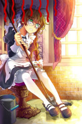 Rule 34 | 1girl, apron, bow, braid, brown hair, bucket, c.seryl, frills, glasses, green eyes, lowres, maid, maid apron, maid headdress, mary janes, mop, mop maid, pantyhose, ribbon, shoes, sitting, solo, sword girls, turn pale, white pantyhose, window