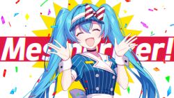 Rule 34 | 1girl, apron, blue dress, blue hair, blue hat, bow, closed eyes, confetti, dress, hands up, hat, hatsune miku, jenevan, long hair, mesmerizer (vocaloid), open mouth, pinstripe dress, pinstripe hat, pinstripe pattern, puffy short sleeves, puffy sleeves, short sleeves, smile, solo, striped bow, thumbnail surprise, twintails, very long hair, visor cap, vocaloid, waist apron, wrist cuffs