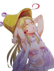 Rule 34 | 1girl, armpits, blonde hair, breasts, chamaruk, fang, female focus, hair ribbon, hat, long hair, moriya suwako, open mouth, pyonta, rain, ribbon, see-through, simple background, solo, tongue, touhou, upper body, wet, wet clothes, white background, yellow eyes