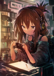 Rule 34 | 1girl, absurdres, bare shoulders, brown eyes, brown hair, commentary, controller, detached sleeves, focused, folded ponytail, game controller, hair between eyes, headset, highres, inazuma (kancolle), kaamin (mariarose753), kantai collection, playing games, solo, sweatdrop, v-shaped eyebrows