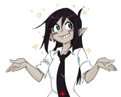 Rule 34 | + +, 1girl, black hair, blue eyes, blush, blush stickers, colored skin, crybringer, dark elf, demon mages, dress shirt, ear piercing, earrings, elf, grey skin, grin, halftone, jewelry, long hair, looking to the side, loose necktie, necktie, outstretched arms, piercing, pointy ears, polka dot, shirt, shrugging, sketch, sleeves rolled up, smile, solo, sparkle, tara olphoros, tie clip, upper body, white background