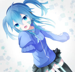 Rule 34 | 1girl, blue eyes, blue hair, blue jacket, blue skirt, ene (kagerou project), headband, jacket, kagerou project, kotomiracle, light blue hair, long hair, looking at viewer, mekakucity actors, open mouth, skirt, smile, solo, thighhighs, twintails