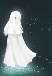 Rule 34 | .hack//, 1girl, aura, aura (.hack//), bandai, black background, blue eyes, blunt bangs, capelet, cyber connect 2, dress, expressionless, nakubi, pale skin, petals, signature, solo, standing, water, watermark, white dress, white hair