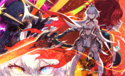 Rule 34 | 4girls, armor, armpits, bare shoulders, black gloves, blue eyes, boots, breasts, cape, cleavage, closed mouth, dawito, earrings, flaming sword, flaming weapon, fur collar, gauntlets, gloves, hair between eyes, hair ornament, heterochromia, holding, holding sword, holding weapon, honkai (series), honkai impact 3rd, jewelry, kiana kaslana, kiana kaslana (herrscher of flamescion), kiana kaslana (herrscher of the void), kiana kaslana (void drifter), lipstick, long hair, looking at viewer, makeup, multiple girls, multiple persona, murata himeko, murata himeko (vermillion knight), ponytail, red hair, smile, sword, thigh boots, thighhighs, torn cape, torn clothes, v-shaped eyebrows, weapon, white footwear, white hair, wings, yellow eyes