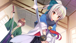 Rule 34 | 1boy, 1girl, absurdres, at-yui, blush, bow, brown eyes, brown hair, closed mouth, green bow, hair bow, highres, holding, holding sword, holding weapon, looking at viewer, original, red eyes, short hair, short ponytail, silver hair, smile, sword, unsheathed, weapon