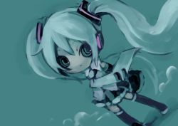 Rule 34 | 1girl, bad id, bad pixiv id, boots, chibi, detached sleeves, dutch angle, eruri, green eyes, green hair, hatsune miku, long hair, matching hair/eyes, necktie, simple background, skirt, sleeves past wrists, solo, thigh boots, thighhighs, twintails, very long hair, vocaloid