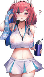 Rule 34 | 1girl, :o, ?, absurdres, arm up, armpits, azur lane, bare shoulders, blush, bottle, breasts, bremerton (azur lane), bremerton (scorching-hot training) (azur lane), cleavage, commentary request, covered erect nipples, cowboy shot, crop top, crop top overhang, gu luco, hair ornament, hairclip, heart, heart necklace, highres, holding, holding bottle, holding towel, jewelry, large breasts, long hair, midriff, miniskirt, multicolored hair, navel, necklace, open mouth, parted bangs, pleated skirt, red eyes, see-through, shirt, skirt, sleeveless, sleeveless shirt, sportswear, standing, stomach, streaked hair, sweat, tennis uniform, thighs, towel, twintails, two-tone skirt, water bottle, wet, wet clothes, wet shirt, wing collar, wiping sweat