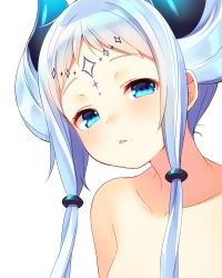 Rule 34 | 1girl, blue eyes, blue hair, blush, collarbone, copyright request, facial mark, half-closed eyes, horns, long hair, looking at viewer, nude, shouni (sato3), sidelocks, simple background, solo, tareme, white background