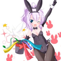 Rule 34 | 1girl, ;d, ahoge, animal, animal ears, arm up, azur lane, bare shoulders, bird, black footwear, black gloves, black hairband, black hat, black leotard, black ribbon, blush, breasts, brown pantyhose, collarbone, commentary request, dove, elbow gloves, fake animal ears, gloves, hair between eyes, hair ribbon, hairband, hat, high heels, holding, holding clothes, holding hat, javelin (azur lane), kanijiru, leotard, magician, medium breasts, one eye closed, open mouth, pantyhose, playboy bunny, ponytail, purple hair, rabbit ears, ribbon, shoes, smile, solo, star (symbol), strapless, strapless leotard, top hat, unworn hat, unworn headwear, wrist cuffs