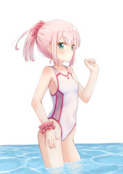 Rule 34 | 1girl, bare arms, bare shoulders, blush, breasts, chiyoda momo, closed mouth, collarbone, competition swimsuit, covered navel, green eyes, hair ornament, hair scrunchie, highres, kuramoto takato, machikado mazoku, one-piece swimsuit, pink hair, ponytail, red scrunchie, scrunchie, sidelocks, simple background, small breasts, solo, standing, swimsuit, v-shaped eyebrows, water, white background, white one-piece swimsuit, wrist scrunchie
