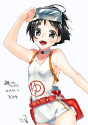 Rule 34 | 1girl, black hair, brown eyes, character name, choker, collarbone, cowboy shot, dated, diving mask, diving mask on head, flotation belt, goggles, goggles on head, hatu xxgoukan, kantai collection, looking at viewer, maru-yu (kancolle), one-piece swimsuit, open mouth, parted bangs, school swimsuit, short hair, simple background, smile, solo, swimsuit, teeth, white background, white choker, white one-piece swimsuit, white school swimsuit