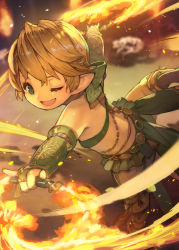 Rule 34 | 1girl, bandeau, blonde hair, blurry, blurry background, bow, chakram, dancer (final fantasy), final fantasy, final fantasy xiv, green bow, green eyes, hair bow, hide (hideout), highres, lalafell, looking at viewer, one eye closed, open mouth, pointy ears, short hair, solo, weapon