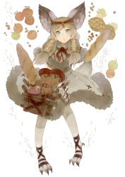 Rule 34 | 1girl, animal ears, ankle lace-up, apple, baguette, barefoot sandals (jewelry), basket, blue eyes, bread, brown capelet, brown dress, brown gloves, brown hair, capelet, character request, claws, commentary, cross-laced clothes, cross-laced footwear, dragon nest, dress, elbow gloves, floating, floating object, food, fruit, full body, fur-trimmed capelet, fur-trimmed dress, fur trim, gloves, haijin, hair over shoulder, hair tubes, holding, holding basket, long hair, looking at viewer, parted lips, print capelet, print gloves, raised eyebrows, sidelocks, simple background, slit pupils, solo, surprised, tail, v arms, white background