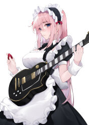 Rule 34 | 1girl, absurdres, apron, black bow, black bowtie, black dress, blue eyes, blush, bocchi the rock!, bow, bowtie, breasts, cowboy shot, dress, electric guitar, gotoh hitori, guitar, highres, instrument, large breasts, long hair, looking at viewer, maid, maid headdress, parted lips, pink hair, plectrum, puffy short sleeves, puffy sleeves, short sleeves, simple background, sleeves past wrists, solo, useless (102960190014), very long hair, white apron, white background