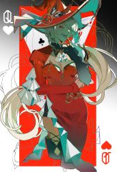 Rule 34 | 1girl, absurdres, alice (genshin impact), astroprinceps, blonde hair, dress, genshin impact, hat, highres, long hair, low ponytail, open mouth, original, queen (playing card), queen of hearts (playing card), red dress, red eyes, red hat, smile, solo, teeth, thighhighs, witch hat