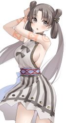 Rule 34 | 1girl, absurdres, backless dress, backless outfit, bare shoulders, blush, body markings, breasts, brown hair, dress, fate/grand order, fate (series), grey dress, grey eyes, highres, iyo (fate), kopaka (karda nui), large breasts, long hair, looking at viewer, open mouth, parted bangs, sash, sideboob, solo, thighs, twintails, tying hair, very long hair
