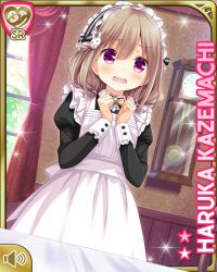 Rule 34 | 1girl, apron, black dress, blush, bow, brown hair, rabbit hair ornament, character name, dress, girlfriend (kari), hair ornament, indoors, kazemachi haruka, looking at viewer, maid apron, maid headdress, mansion, official art, open mouth, pink eyes, qp:flapper, short hair, solo, tagme, white apron, worried, yellow bow