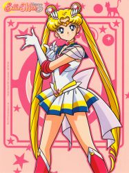Rule 34 | 1990s (style), 1girl, back bow, bishoujo senshi sailor moon, blonde hair, blue eyes, boots, bow, brooch, choker, copyright name, copyright notice, crescent, crescent earrings, double bun, earrings, elbow gloves, feet out of frame, gloves, hair bun, hair ornament, heart, heart brooch, heart choker, highres, jewelry, knee boots, leotard, long hair, looking at viewer, magical girl, miniskirt, multicolored clothes, multicolored skirt, not for sale, official art, pink footwear, pleated skirt, retro artstyle, sailor moon, sailor senshi, sailor senshi uniform, skirt, solo, standing, star (symbol), super sailor moon, tiara, tsukino usagi, twintails, very long hair