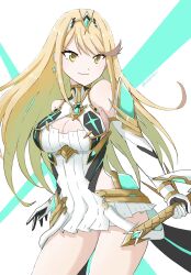Rule 34 | &gt;:), 1girl, bare shoulders, blonde hair, breasts, chobi0521, cleavage, cleavage cutout, closed mouth, clothing cutout, commentary, dress, elbow gloves, gloves, headpiece, highres, holding, holding sword, holding weapon, long hair, medium breasts, mythra (xenoblade), pleated dress, sleeveless, sleeveless dress, smile, solo, sword, twitter username, v-shaped eyebrows, very long hair, weapon, white background, white dress, white gloves, xenoblade chronicles (series), xenoblade chronicles 2, yellow eyes