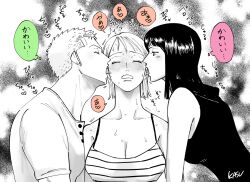 Rule 34 | 1boy, 2girls, bisexual female, black hair, blush, breasts, cleavage, closed eyes, collarbone, commentary request, ear licking, heart, kasuga akira, large breasts, licking, looking at another, medium hair, monochrome, multiple girls, nami (one piece), neck, nico robin, one piece, roronoa zoro, shirt, short hair, sleeveless, speech bubble, sweat, thought bubble, tongue, translated, upper body