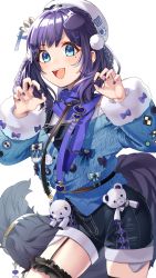 Rule 34 | 1girl, aiba uiha, animal ears, black hair, blue bow, blue eyes, blush, bow, braid, claw pose, dog ears, dog girl, dog tail, fangs, hair bow, hair ornament, highres, long hair, long sleeves, looking at viewer, mole, mole under eye, nail polish, nijisanji, no 1pafu, open mouth, overalls, simple background, smile, solo, stuffed animal, stuffed toy, tail, teddy bear, virtual youtuber, white background