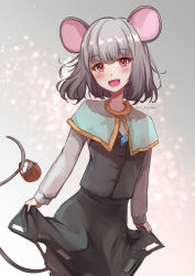 Rule 34 | 1girl, animal ears, basket, blue capelet, blush, capelet, chidori nekoro, commentary request, commission, cowboy shot, crystal, curtsey, grey hair, grey skirt, grey vest, highres, jewelry, long sleeves, looking at viewer, mouse (animal), mouse ears, mouse girl, mouse tail, nazrin, open mouth, pendant, red eyes, shirt, short hair, skeb commission, skirt, skirt set, smile, solo, tail, touhou, twitter username, vest, white shirt