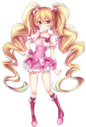 Rule 34 | 00s, 1girl, blonde hair, boots, bow, breasts, choker, cure peach, dress, earrings, fresh precure!, hair ornament, hand on own hip, heart, heart hair ornament, highres, jewelry, knee boots, kofa (ikyurima), long hair, magical girl, momozono love, pink bow, pink eyes, pink footwear, precure, smile, solo, twintails