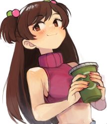 Rule 34 | 1girl, :3, bare arms, bare shoulders, blush, brown eyes, brown hair, chio (sui (suizilla)), closed mouth, cropped sweater, cup, fingernails, hair bobbles, hair ornament, highres, holding, holding cup, looking at viewer, midriff, nail polish, navel, original, pink nails, pink sweater, simple background, sleeveless, sleeveless sweater, smile, smug, solo, sui (suizilla), sweater, two side up, upper body, white background