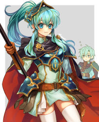 Rule 34 | 1boy, 1girl, aqua hair, armor, blue eyes, blue hair, blush, boots, breastplate, breasts, brother and sister, cape, earrings, eirika (fire emblem), ephraim (fire emblem), fingerless gloves, fire emblem, fire emblem: the sacred stones, fire emblem heroes, gloves, highres, jewelry, long hair, looking at viewer, nana (nanalog76), nintendo, open mouth, polearm, ponytail, short hair, siblings, simple background, skirt, smile, spear, thighhighs, weapon