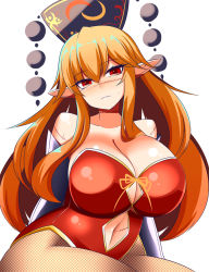 Rule 34 | 1girl, alternate costume, breasts, chinese clothes, cleavage, crescent, gero zoukin, hat, highres, huge breasts, junko (touhou), long hair, mature female, orange hair, pointy ears, red eyes, solo, stitches, touhou