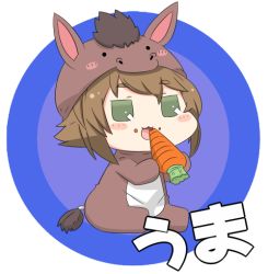 Rule 34 | 10s, 1girl, animal costume, blush stickers, brown hair, carrot, chinese zodiac, eating, food, food on face, green eyes, holding, holding food, horse costume, horse tail, kantai collection, mutsu (kancolle), open mouth, puchimasu!, short hair, sidelocks, simple background, solo, tail, translation request, yuureidoushi (yuurei6214)