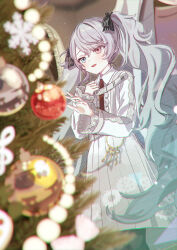 Rule 34 | 1girl, 25-ji miku, absurdres, black bow, black leggings, bow, christmas, christmas lights, christmas ornaments, christmas tree, commentary, crossed bangs, frilled sleeves, frills, green eyes, grey hair, hair bow, hatsune miku, highres, leggings, long hair, looking at object, open mouth, pink eyes, pleated skirt, project sekai, reaching, shirt, sidelocks, skirt, smile, snowflake ornament, solo, striped bow, vertical-striped bow, very long hair, vocaloid, vs0mr, white shirt, white skirt