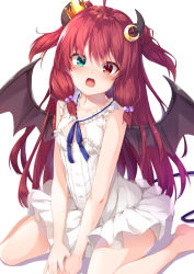 Rule 34 | 1girl, ahoge, blush, breasts, commentary request, crescent, crescent hair ornament, crown, demon girl, demon horns, demon tail, demon wings, dress, fang, frilled dress, frills, green eyes, hair between eyes, hair ornament, heterochromia, highres, horns, long hair, looking at viewer, mini crown, nijisanji, open mouth, red eyes, red hair, sidelocks, simple background, sitting, skin fang, sleeveless, sleeveless dress, small breasts, solo, tail, two side up, very long hair, virtual youtuber, wariza, white background, white dress, wings, yuki kawachi, yuzuki roa