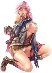 Rule 34 | 10s, 1girl, areola slip, bare shoulders, belt, blue eyes, blue gloves, boots, breasts, cleavage, elbow gloves, final fantasy, final fantasy xiii, full body, gloves, huge breasts, kneeling, lightning farron, long hair, looking at viewer, maimu, miniskirt, nipples, no bra, on one knee, open clothes, open shirt, panties, pantyshot, parted lips, partially unzipped, pink hair, shirt, simple background, sitting, skirt, solo, squatting, thigh strap, underwear, unzipped, upskirt, white background, white panties