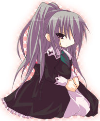 Rule 34 | 00s, 1girl, ascot, black dress, blush, chibi, dress, expressionless, female focus, frills, grey hair, hanazono shizuma, long hair, long sleeves, looking at viewer, pink eyes, simple background, solo, strawberry panic!, white background