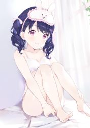 Rule 34 | 1girl, absurdres, bare legs, bare shoulders, barefoot, bed sheet, black hair, bra, breasts, collarbone, commentary request, curtains, fukumaru koito, hair ribbon, highres, idolmaster, idolmaster shiny colors, knees up, looking at viewer, mask, mask on head, medium hair, monon tulle, on bed, purple eyes, ribbon, sitting, sleep mask, small breasts, solo, twintails, underwear, underwear only, white bra