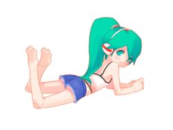 Rule 34 | 0123456789, 1girl, android, aqua eyes, back, barefoot, blush, camisole, charu (ape escape), charu (saru getchu), cutoffs, denim, denim shorts, doll joints, feet, green hair, joints, legs up, long hair, looking back, lying, on stomach, ponytail, robot ears, robot joints, saru getchu, shorts, solo, tank top, the pose, toes