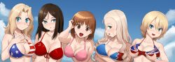 Rule 34 | 5girls, absurdres, american flag bikini, american flag print, bikini, black hair, blonde hair, blue bikini, blue eyes, blue sky, braid, breast hold, breasts, brown eyes, brown hair, closed mouth, cloud, cloudy sky, commentary, commission, darjeeling (girls und panzer), day, drill hair, emblem, english commentary, flag print, front-tie bikini top, front-tie top, girls und panzer, grabbing own breast, green eyes, hair intakes, halterneck, hand in own hair, hands on own chest, highres, kay (girls und panzer), large breasts, long hair, looking at viewer, marie (girls und panzer), medium breasts, medium hair, multiple girls, nico-mo, nishizumi miho, nonna (girls und panzer), open mouth, outdoors, parted lips, pink bikini, pravda (emblem), print bikini, red bikini, short hair, side-by-side, sky, smile, sweat, swimsuit, twin braids, union jack bikini