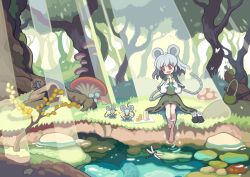 Rule 34 | 1girl, absurdres, animal, animal ears, barefoot, black footwear, black skirt, black vest, blush stickers, bug, cheese, commission, dragonfly, food, forest, grey hair, highres, holding, holding food, insect, jewelry, morino hon, mouse, mouse ears, mouse tail, nature, nazrin, open mouth, pendant, red eyes, river, sandwich, shoes, short hair, sitting, skeb commission, skirt, smile, solo, tail, touhou, tree, unworn shoes, vest, water