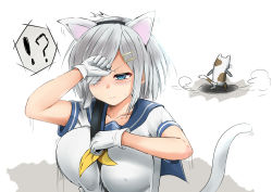 Rule 34 | !?, 10s, 1girl, animal ears, blue eyes, breasts, cat, cat ears, cat tail, daikikia 9, fake animal ears, gloves, hair ornament, hair over one eye, hairclip, hamakaze (kancolle), kantai collection, kemonomimi mode, large breasts, one eye closed, personification, school uniform, serafuku, short hair, silver hair, simple background, solo, tail, white background, white gloves, wince