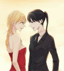 Rule 34 | 10s, 2girls, artist request, barefoot, black hair, black necktie, blonde hair, collared shirt, couple, dress, female focus, formal, from side, karanomori shion, kunizuka yayoi, lipstick, long hair, long sleeves, looking at another, makeup, multiple girls, necktie, neiigal, ponytail, profile, psycho-pass, shirt, simple background, smile, strapless, strapless dress, suit, white shirt, yellow background, yuri