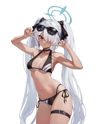 Rule 34 | 1girl, absurdres, armpits, bikini, black bikini, blue archive, blush, breasts, choker, cowboy shot, dark-skinned female, dark skin, double v, embarrassed, eyewear on head, flywood21cn, frown, gloves, grey hair, groin, hair over one eye, hair ribbon, halo, highres, hip bones, iori (blue archive), iori (swimsuit) (blue archive), long hair, looking at viewer, multi-strapped bikini bottom, navel, official alternate costume, pointy ears, red eyes, ribbon, side-tie bikini bottom, sideboob, skindentation, small breasts, solo, sunglasses, sweat, swimsuit, thigh strap, thighs, transparent background, twintails, underboob, v, very long hair